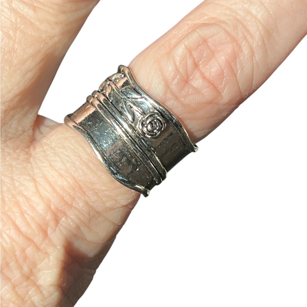 Wide Band 6.5 Silver-tone Romantic Rose Ring Boho Western - Picture 3 of 5